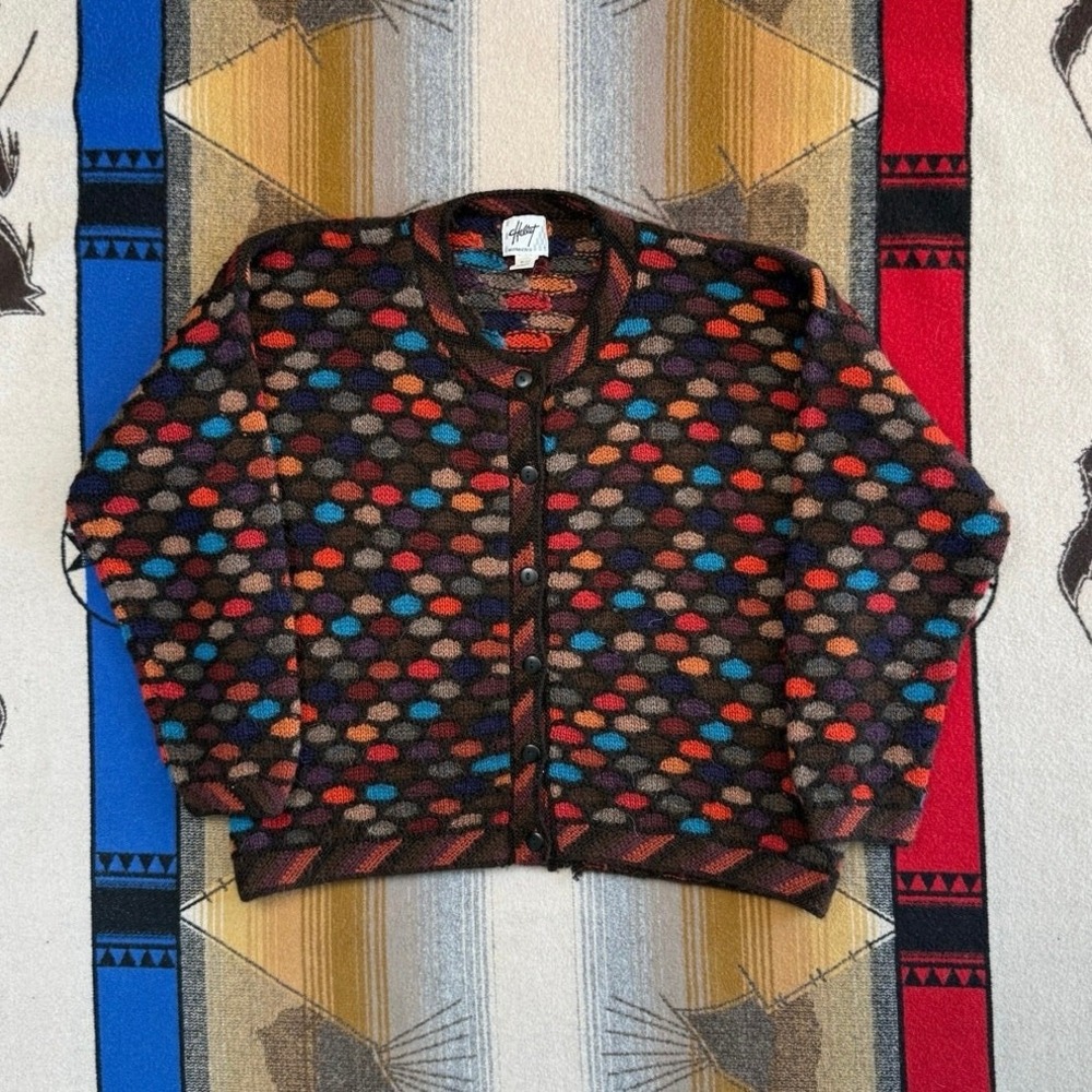 Hallet San Francisco Vintage Alpaca Wool Cardigan Multicolored Knit Peru Medium - Picture 1 of 8